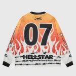 Hellstar Logo URL Printed Mesh Long Sleeve Tee in vibrant orange featuring a bold 07 graphic and barbed wire details