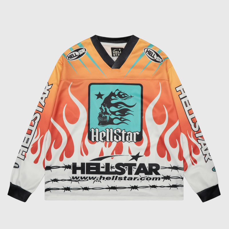 Hellstar Logo URL Printed Mesh Long Sleeve Tee Orange Hellstar Logo URL Printed Mesh Long Sleeve Tee with flame graphic and barbed wire print streetwear design.