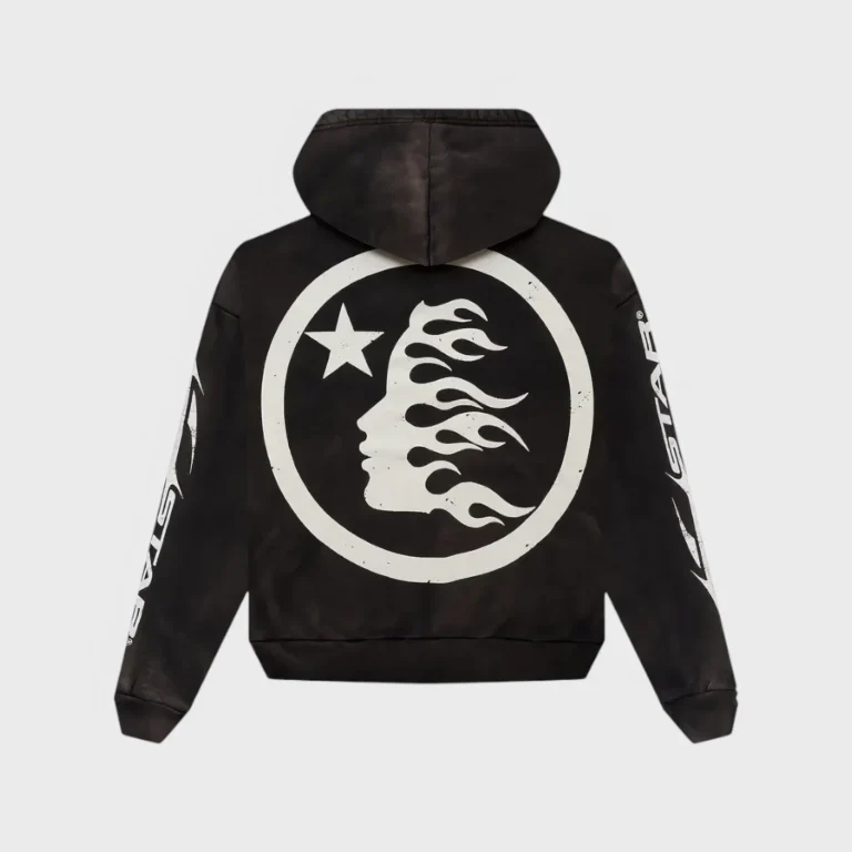 Back view of the Hellstar Logo Zip-Up Black Hoodie, showcasing a circular white graphic with a star and flame logo.
