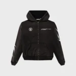 Front view of the black Hellstar logo zip-up hoodie made from heavyweight cotton fleece with graphic screen printing.
