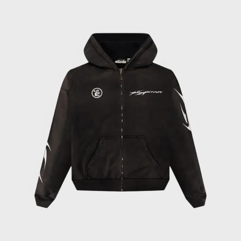 Front view of the black Hellstar logo zip-up hoodie made from heavyweight cotton fleece with graphic screen printing.