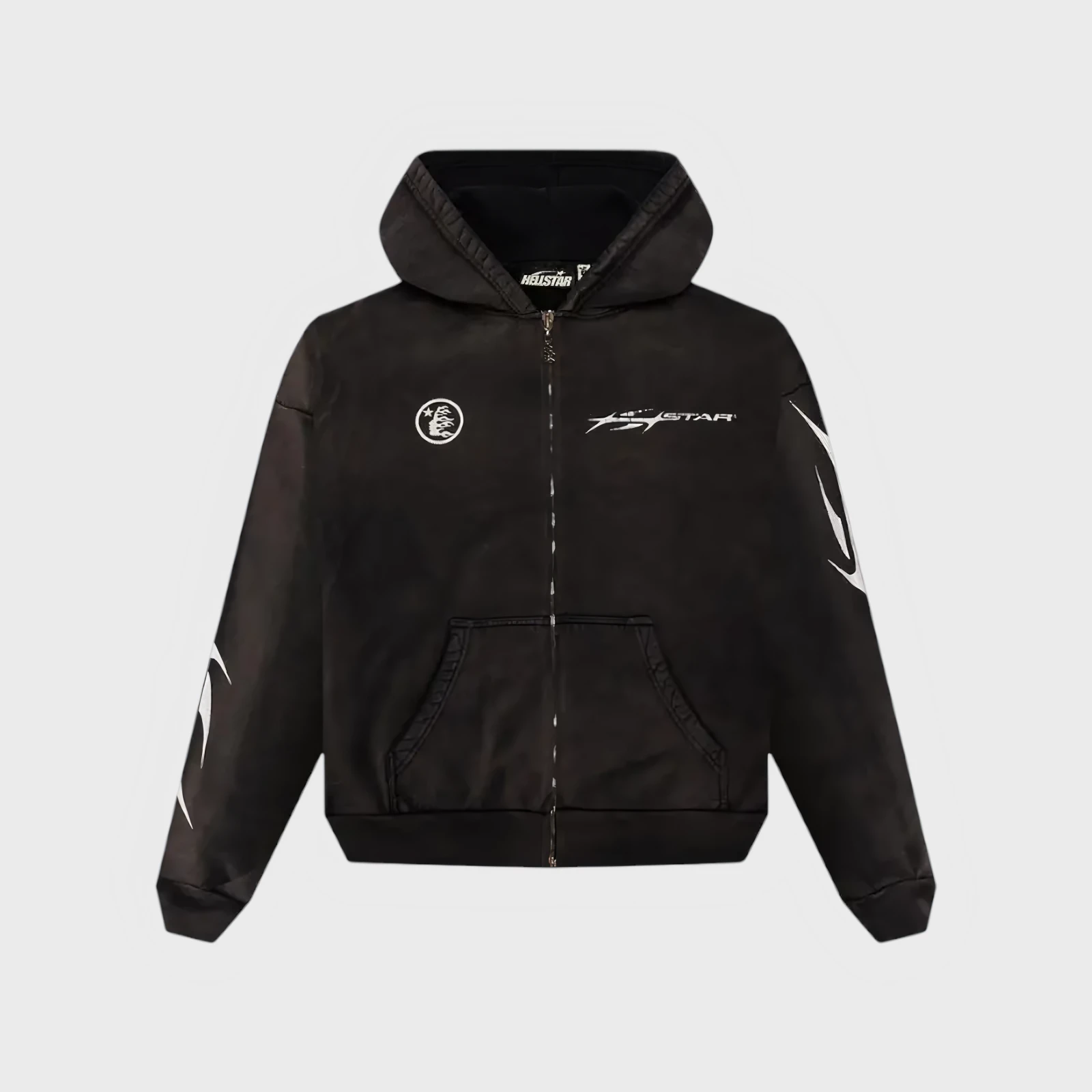 Hellstar Logo Zip Up Black Hoodie Front View Front view of the black Hellstar logo zip-up hoodie made from heavyweight cotton fleece with graphic screen printing.