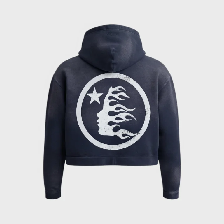 Back view of the Hellstar Logo Zip Up Sweatshirt in vintage navy with a distressed white graphic print on the back.