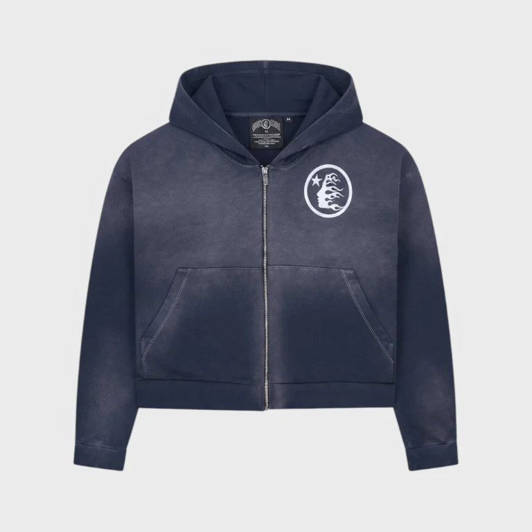 Front view of the Hellstar Logo Zip Up Sweatshirt in vintage navy, featuring a heavyweight fleece and graphic print.