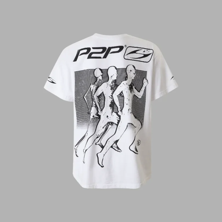 Hellstar Marathon white graphic t-shirt featuring a back print of running figures and the P2P logo on premium cotton.