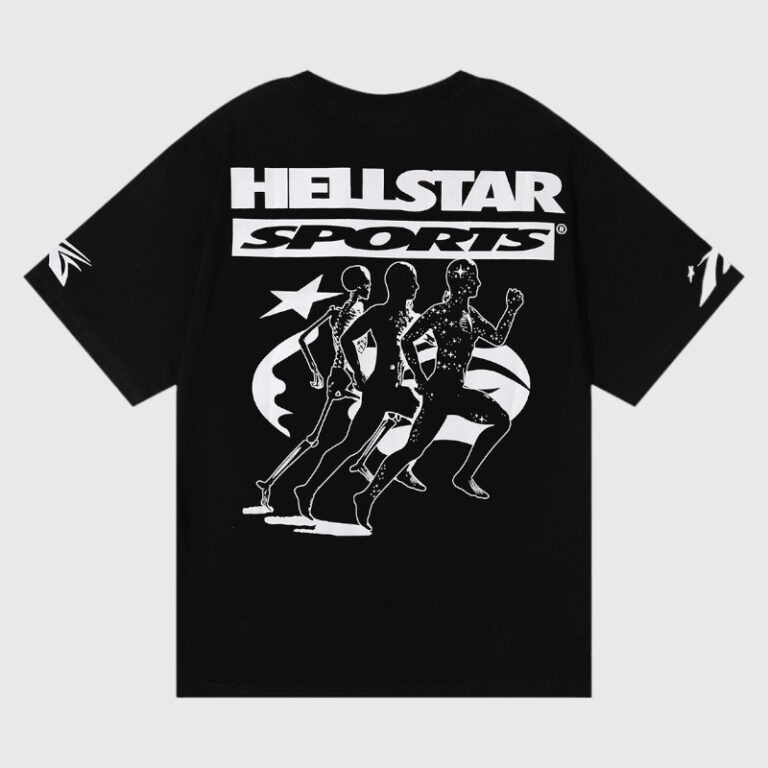 Hellstar Marathon T-Shirt black back graphic showing retro "HELLSTAR SPORTS" logo with three running figures in white print