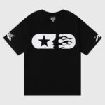 Hellstar Marathon T-Shirt Black with white pill logo showing star and flame face graphic, vintage washed 100% cotton