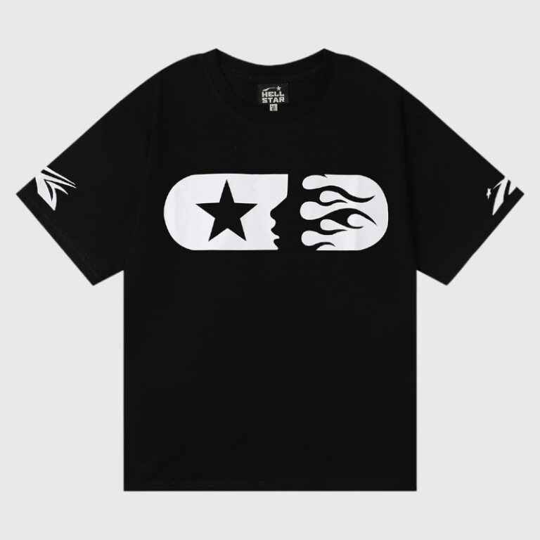Hellstar Marathon T-Shirt Black with white pill logo showing star and flame face graphic, vintage washed 100% cotton