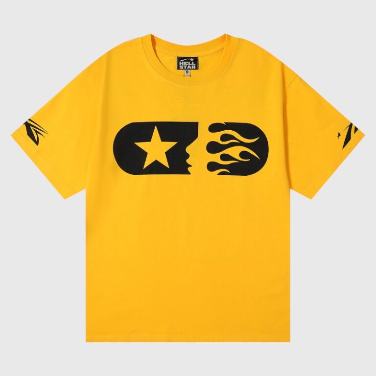 Hellstar Marathon yellow cotton unisex T-shirt featuring bold black star and flame graphic, vintage washed screen print