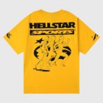 Yellow Hellstar Marathon T-Shirt back print with "HELLSTAR SPORTS" logo and three running figures transitioning from skeleton