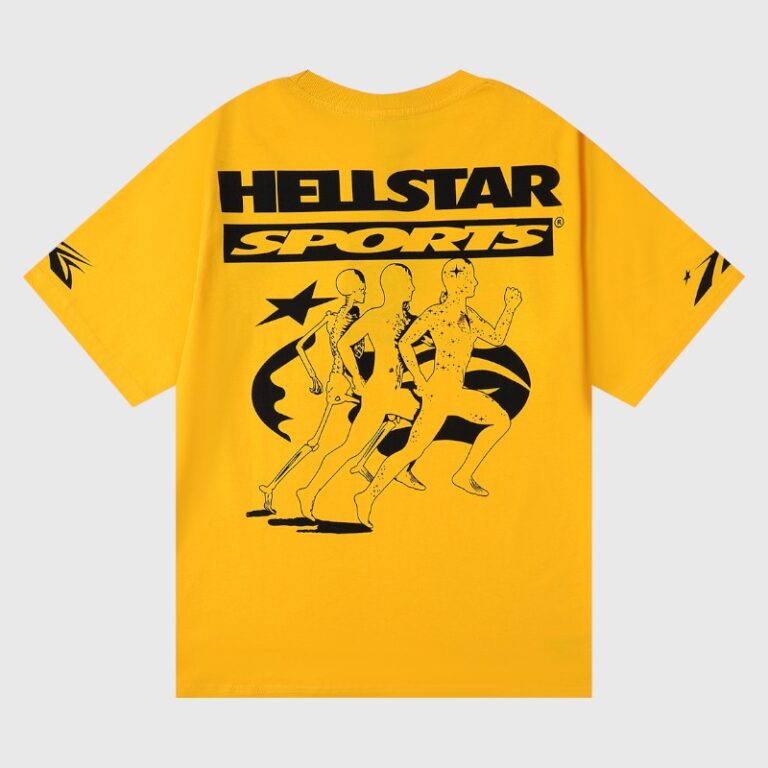 Yellow Hellstar Marathon T-Shirt back print with "HELLSTAR SPORTS" logo and three running figures transitioning from skeleton