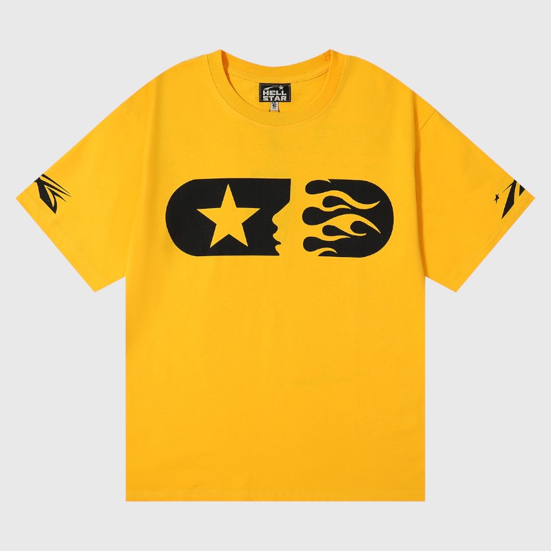 Hellstar Marathon T Shirt Yellow Hellstar Marathon yellow cotton unisex T-shirt featuring bold black star and flame graphic, vintage washed screen print