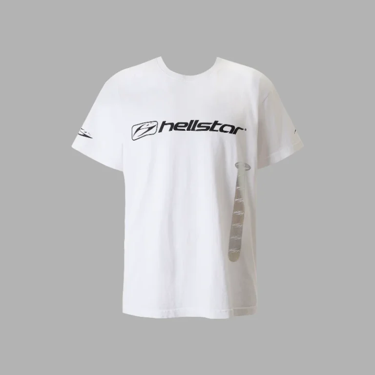 Front view of a white Hellstar Marathon t-shirt featuring a black branded logo print on the chest and subtle graphics.
