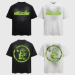 Front and back view of the black and white Hellstar Marble Classic T-Shirts featuring green graphic prints.