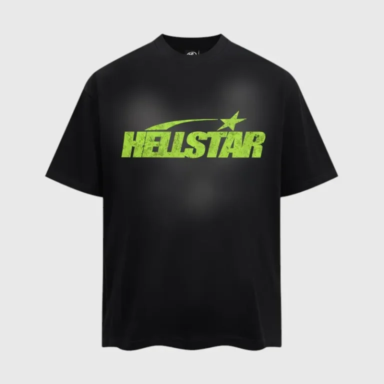 Front view of the black Hellstar Marble Classic T-shirt featuring a green logo graphic on soft premium cotton fabric.