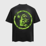 Back view of the Hellstar Marble Classic T-Shirt in black featuring a green circular graphic print with a face and star.