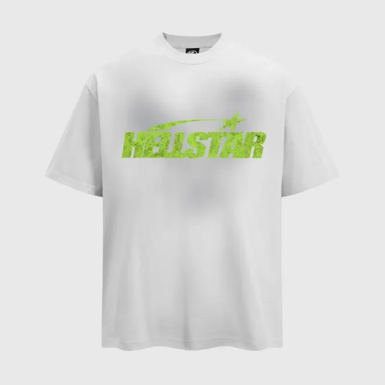 A crisp white Hellstar Marble Classic T-shirt featuring a distinctive green distressed logo graphic on the chest.