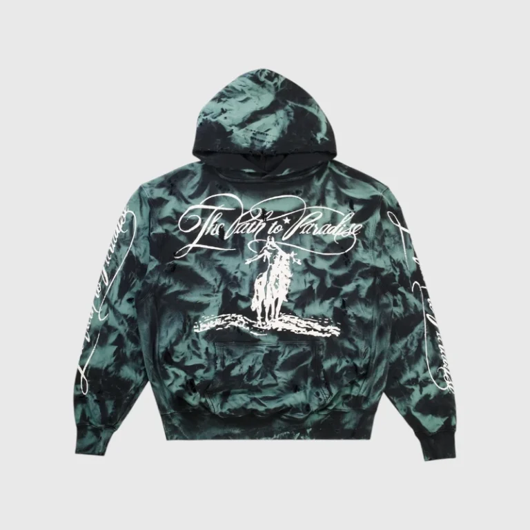 Back view of the Hellstar Marble Paradise Hoodie in green featuring surreal graphics and premium heavyweight fleece.