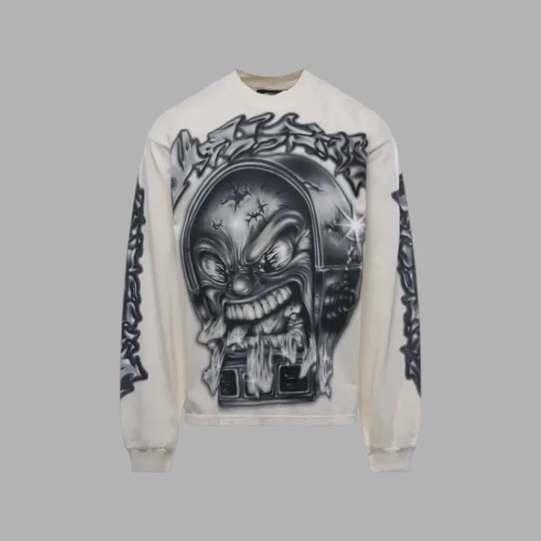 Hellstar Mark Longsleeve Sweater in white featuring a distressed graphic screen print on the front and ribbed trim details.