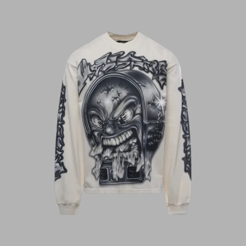 Hellstar Mark Longsleeve Sweater Graphic Front Hellstar Mark Longsleeve Sweater in white featuring a distressed graphic screen print on the front and ribbed trim details.