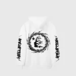 White Hellstar Mask Print Hoodie back with bold black flaming mask graphic in barbed wreath and Hellstar text on sleeves