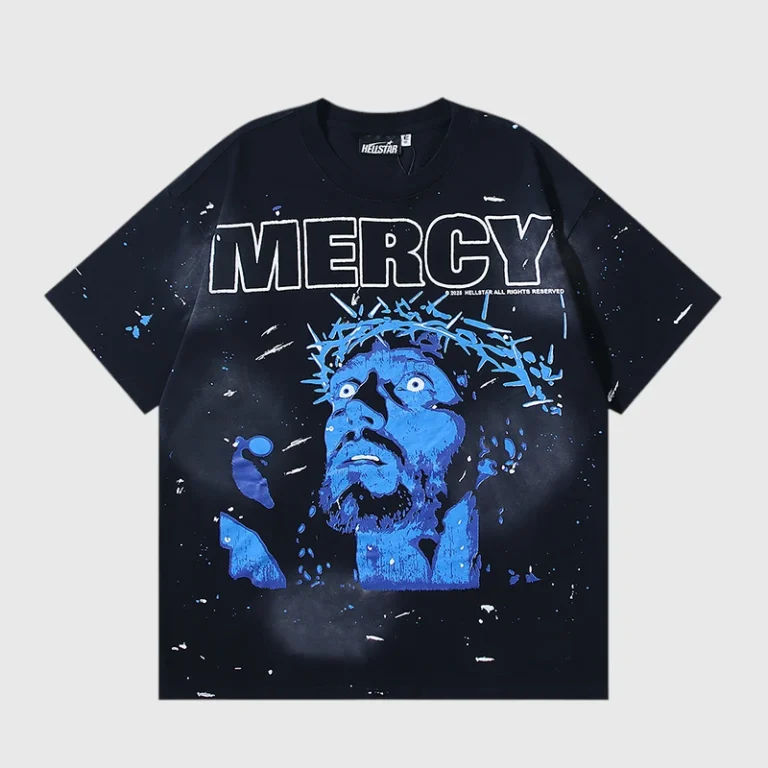 Black Hellstar Mercy T-shirt featuring a blue distressed graphic print of a face on high-quality cotton fabric.