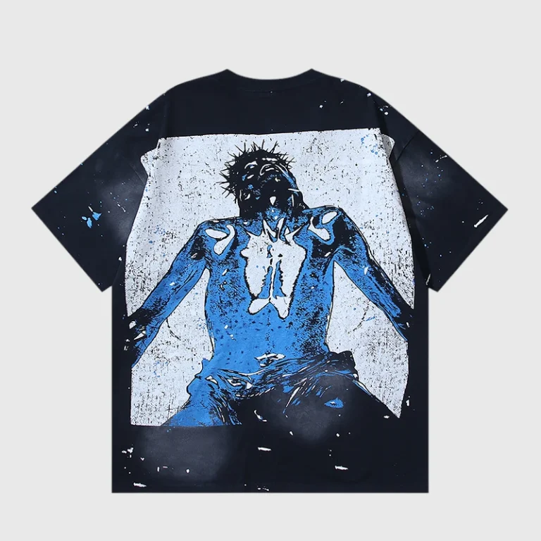 Hellstar Mercy T-Shirt featuring a distressed blue and white screen-printed graphic on premium heavyweight black cotton.