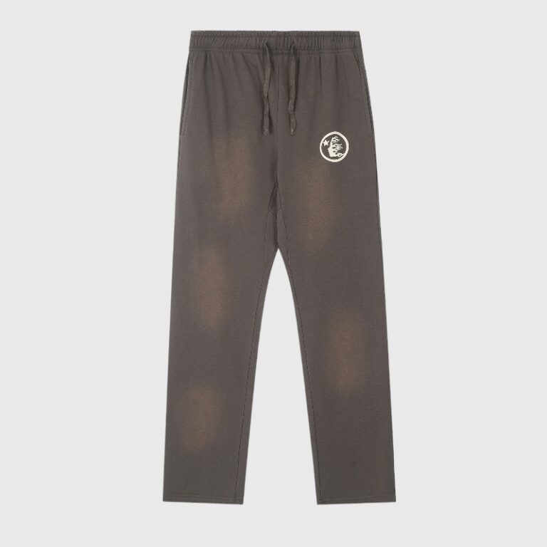 Front view of brown Hellstar Mirror Faced sweatpants with a drawstring waist and a small circular logo graphic.