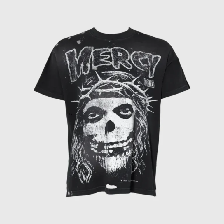 Black Hellstar Misfits Mercy T-shirt featuring a detailed white graphic of a skull with a crown of thorns and text.