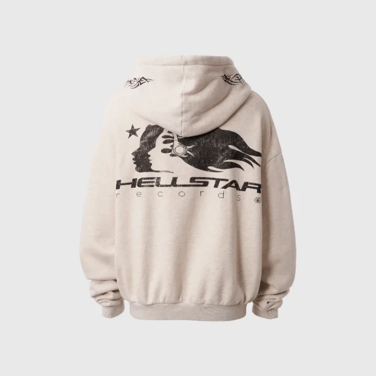 Back view of the beige Hellstar Moshpit zip-up hoodie featuring a bold graphic print and vintage pigment wash finish.
