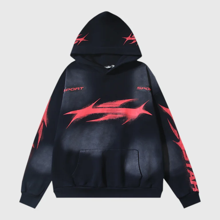 Front view of the black Hellstar Motion Blur hoodie featuring red graphic motion blur print and sporty branding.