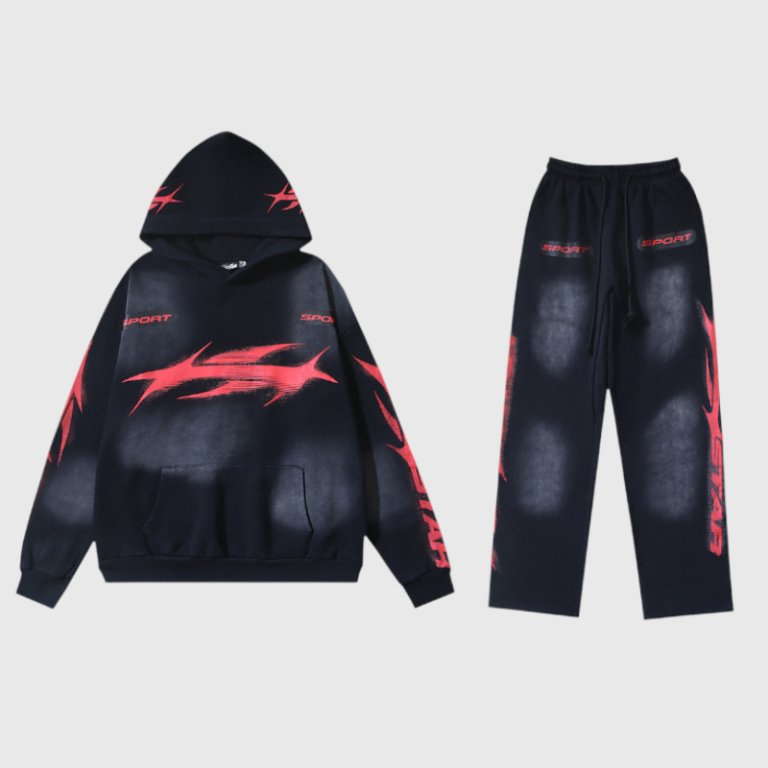 Hellstar Motion Blur Tracksuit featuring a black hoodie and matching pants with dynamic red graphic prints.
