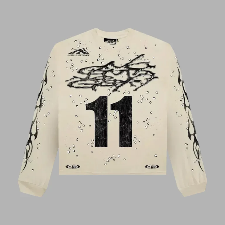 Off-white Hellstar Moto Cross long-sleeve sweater featuring bold black racing-inspired graphics and number 11 branding.