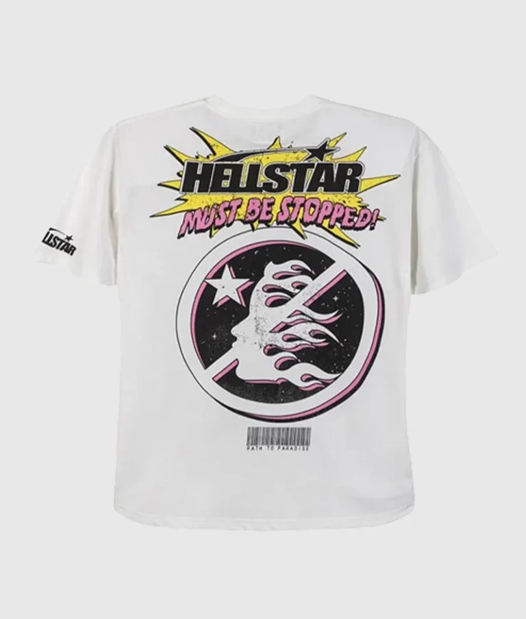 White Hellstar Must Be Stopped graphic t-shirt featuring bold text and flaming star imagery on soft cotton fabric.