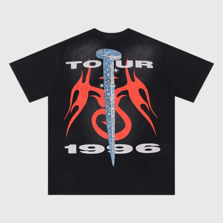 Back view of the black Hellstar Nails Tour Path To Paradise T-shirt featuring a jeweled nail graphic and 1996 text.