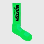 A single pair of neon green Hellstar logo socks featuring iconic black branding for streetwear enthusiasts.