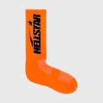 Bright orange Hellstar logo socks featuring a bold black branded graphic design for a vibrant streetwear aesthetic.
