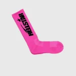 Vibrant pink Hellstar logo socks featuring signature branding and a high-quality cotton construction for street style.