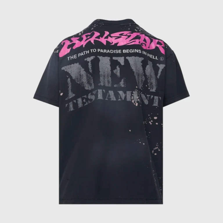 Back view of the Hellstar New Testament black heavyweight graphic t-shirt with pink logo and distressed lettering.