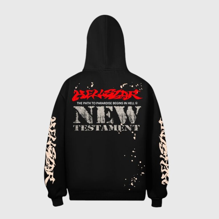 Back view of the black Hellstar New Testament hoodie featuring bold red and white graphic prints on the back and sleeves.