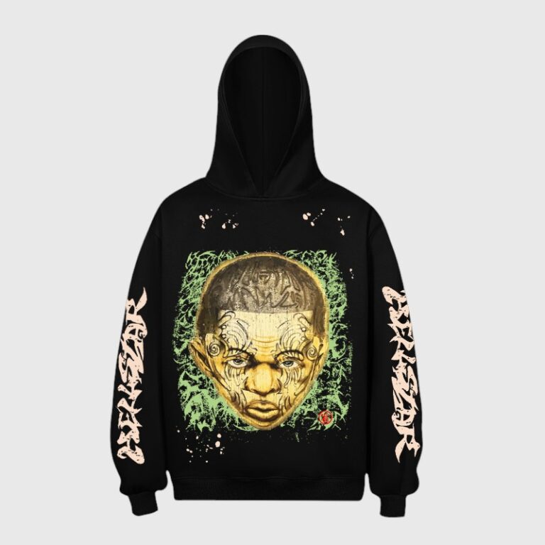 Front view of the Hellstar New Testament hoodie featuring a unique graphic and bold sleeve branding in black fleece.