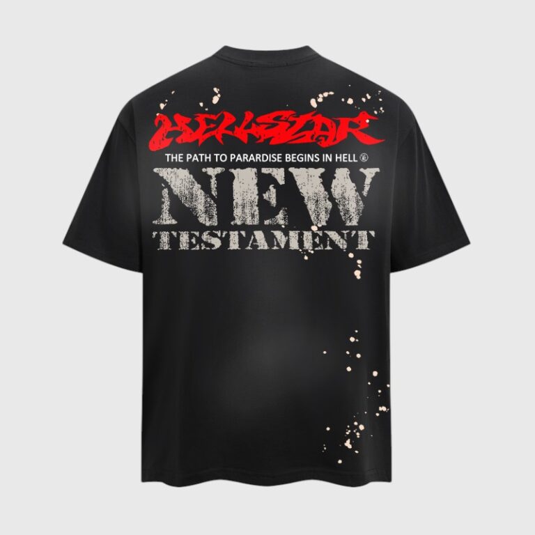 Back view of the black Hellstar New Testament T-shirt with a red logo and white distressed graphic print.