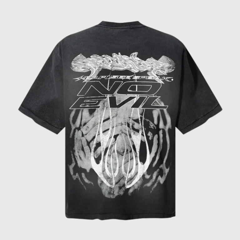 Back view of the black Hellstar No Evil graphic T-shirt featuring stylized text and white illustrated designs.