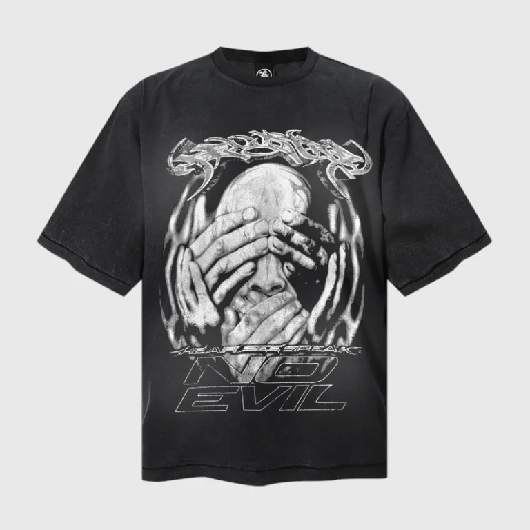 Hellstar No Evil black graphic t-shirt featuring a stylized print of hands covering eyes, ears, and mouth in urban style.