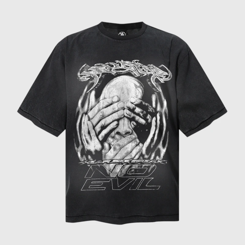 Hellstar No Evil Graphic T Shirt Front View Hellstar No Evil black graphic t-shirt featuring a stylized print of hands covering eyes, ears, and mouth in urban style.