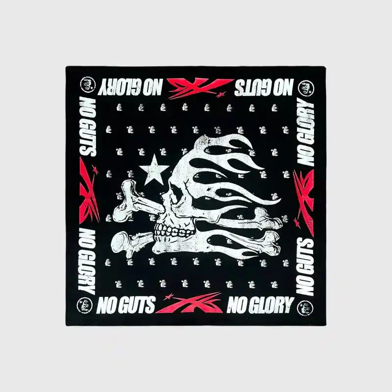 Hellstar No Guts No Glory Bandana Hellstar No Guts No Glory black cotton bandana with flaming skull, crossbones, star and bold white and red graphic print