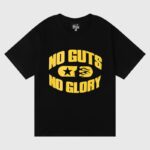 Hellstar black cotton "No Guts No Glory" graphic tee with bold yellow screen print, vintage washed unisex fit