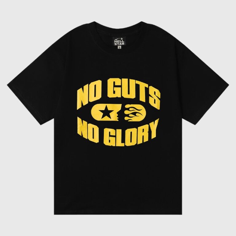 Hellstar black cotton "No Guts No Glory" graphic tee with bold yellow screen print, vintage washed unisex fit