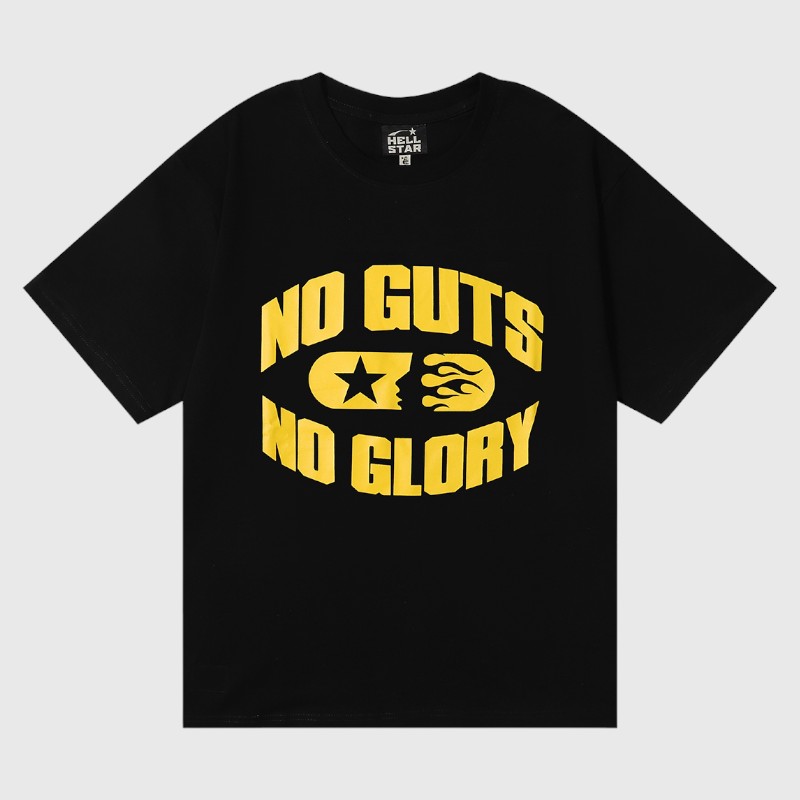 Hellstar No Guts No Glory Black Cotton T-Shirt Hellstar black cotton "No Guts No Glory" graphic tee with bold yellow screen print, vintage washed unisex fit