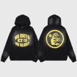 Hellstar No Guts No Glory washed black hoodie showing front slogan print and iconic back flaming star head logo.